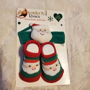 *2/$10*Tender Kisses Santa Claus Booties and Wrist Rattle Set, Sz 0-6 Mths, NWT